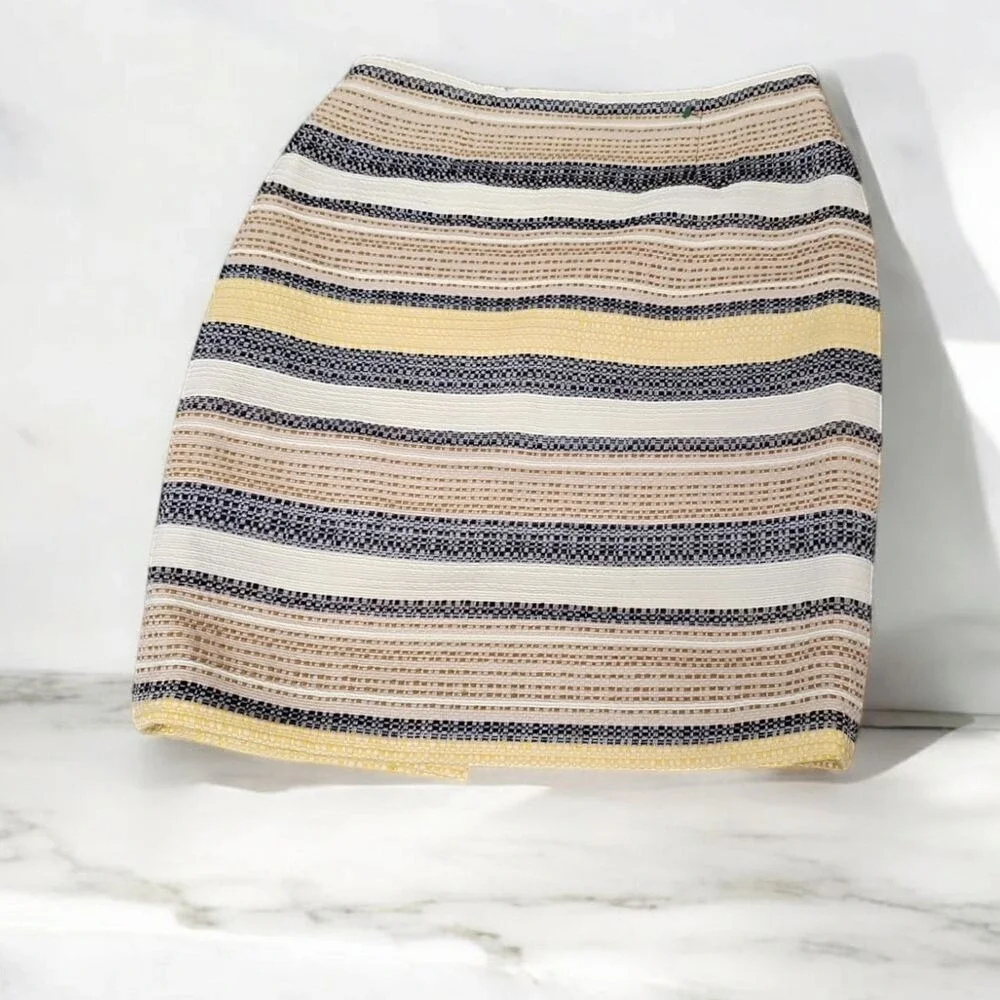 Etcetera Striped‎ Textured Pencil Skirt Navy Beige Yellow Professional 0Nwot